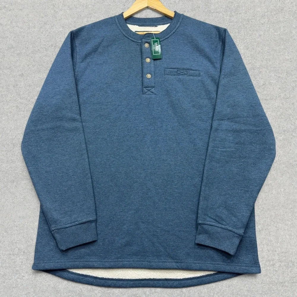 LL Bean Waffle Fleece Henley Mens XL Tall Rangeley Blue Sherpa Lined Sweater NWT